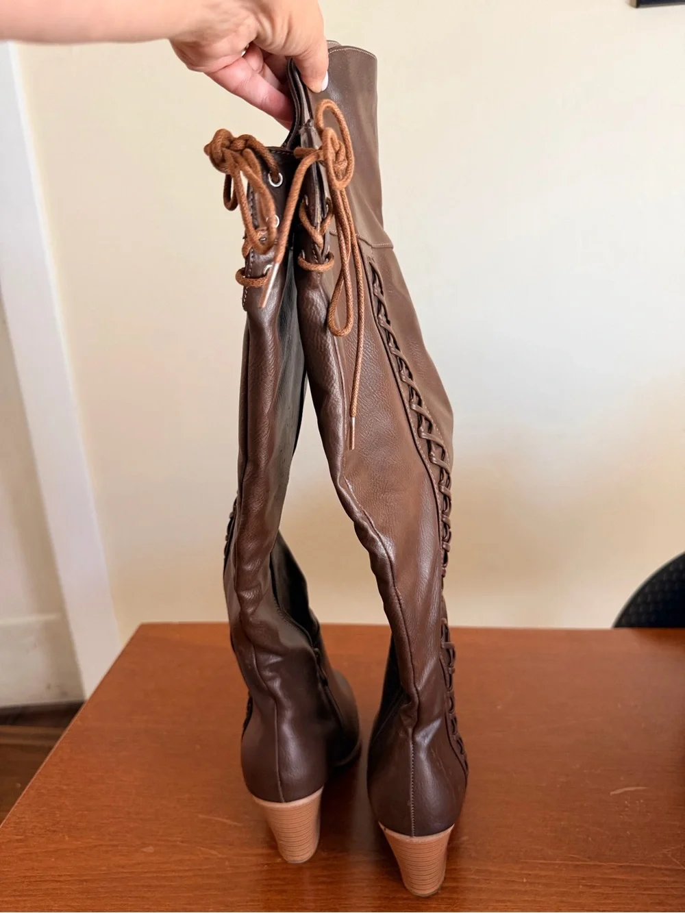 Source Unknown Brown Over-the-Knee Lace-Back Block Heel Boots